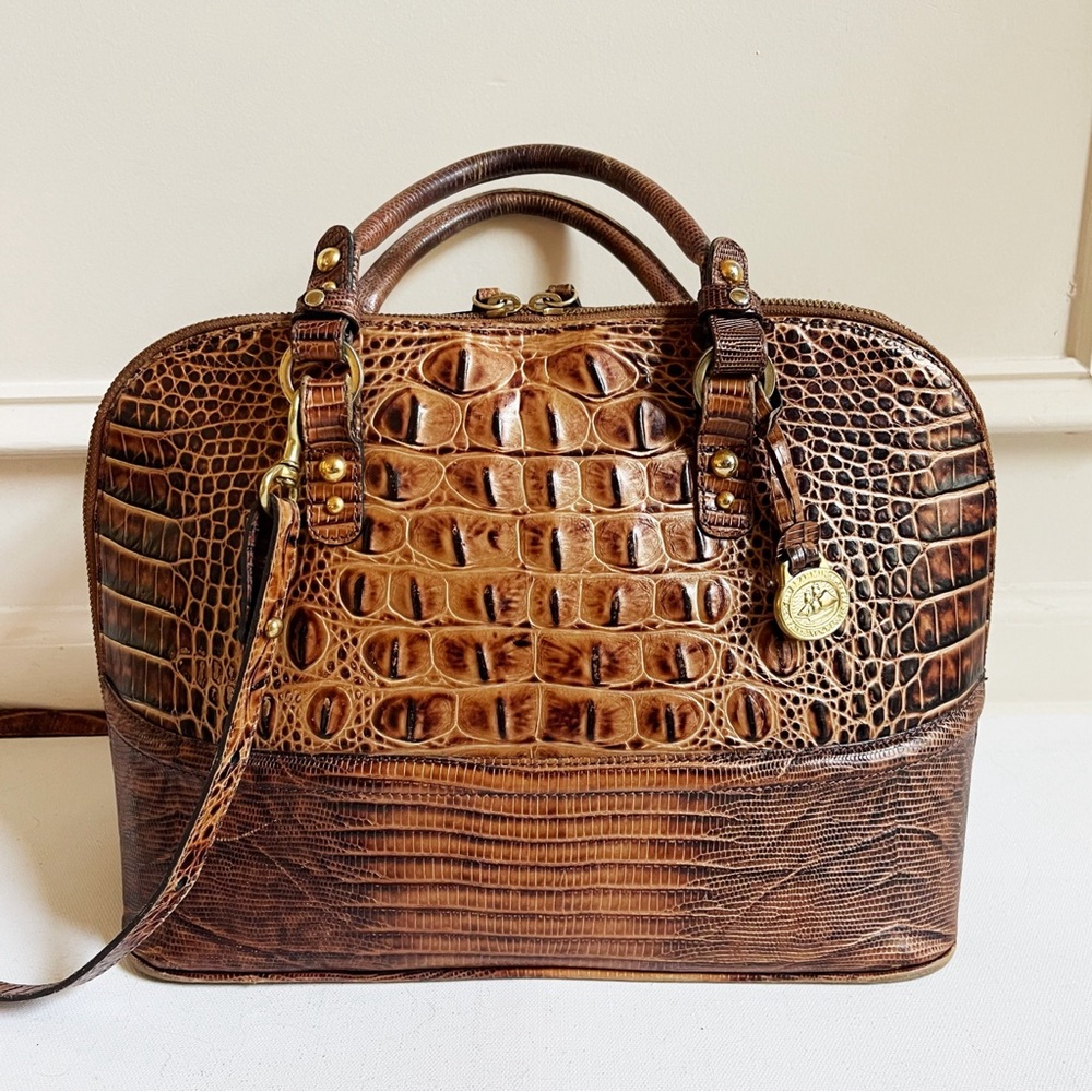 BRAHMIN Vintage Rare 25th Anniversary Croc Embossed Tote Crossbody Bag Pecan